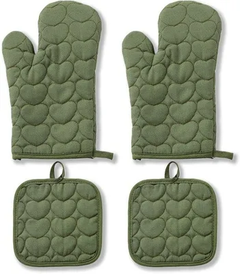 Immagine prodotto di Set di 4 guanti da forno Unyqoos® resistenti al calore: 2 guanti da forno + 2 sottopiatto resistenti al calore, in cotone, fino a 251 °C, polsini da 30 cm, colore verde