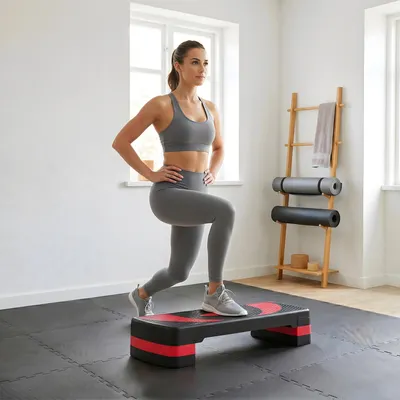 Image de Plateforme de step aérobique - Plateforme de fitness - Réglable en hauteur (10/15/20 cm) - Surface antidérapante - 80 x 31 x 20 cm - Pour l'entraînement des jambes - Noir/Rouge