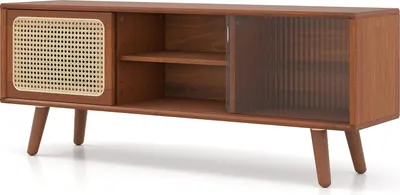 Obrázok produktu pre COSTWAY TV skrinka, TV stolík, TV stolík s ratanovými a sklenenými posuvnými dverami, polica na TV do 55 palcov, 120,5 x 31 x 45,5 cm, hnedá