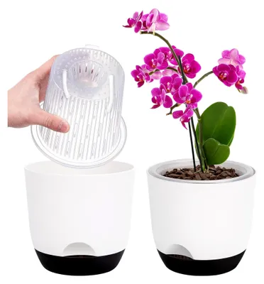 Produktbild von 2er-Set Orchideentopf, 14,7 cm Doppelschicht-Design – Transparenter Selbstbewässerungstopf mit Übertopf für Orchideen