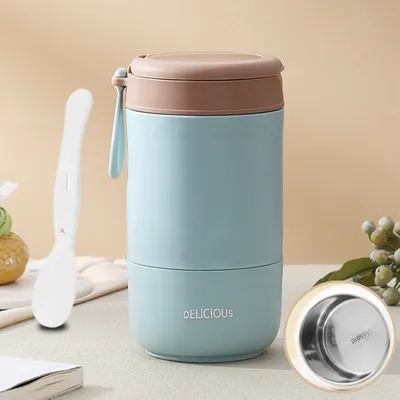 Obrázek produktu pro 800 ml přenosný box na oběd z nerezové oceli se lžičkami a víkem, s dvojitým těsněním, vhodný do práce, do školy, na cesty, modrý