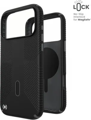 A black iPhone case with a clear back is shown on a white background. Text and a logo are visible in the upper right corner.