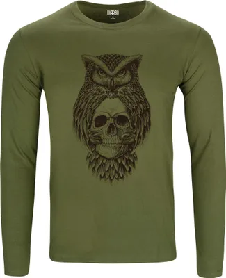 Produktbild von Herren Warm, Langarm-T-Shirt mit Druck Eule mit Totenkopf Grün Gr.XS