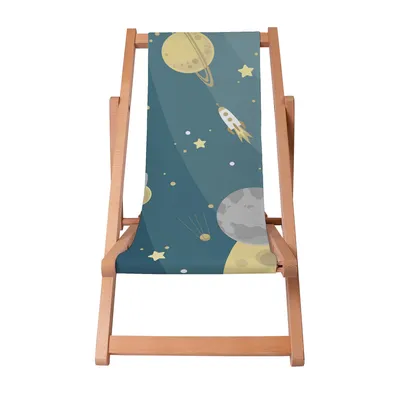 A wooden deck chair with a space-themed fabric.