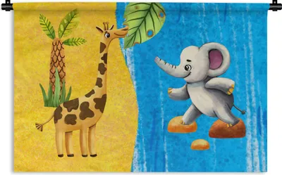 Produktbild von MuchoWow® Wandteppich Wandbehang Elefant - Giraffe - Wasser 150x100 cm Tapisserie Dekoration Wandtuch - Waschbar - Tapisserien - Wand-Decke