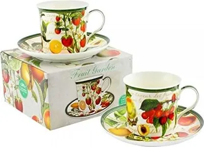 Produktbild von Wunderschöne Tasse mit Untertasse "Früchtegarten" - je nach Lagerbestand wird eines der beiden Designs geliefert - Preis pro Stück!