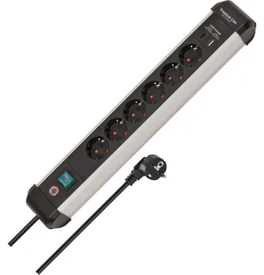 Produktbild von Premium-Alu-Line Steckdosenleiste 6-fach, 2x USB (schwarz/aluminium, 3 Meter Kabel, USB-A, USB-C, mit Sicherheitsschalter)