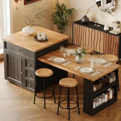 Image de Îlot de cuisine extensible Flieks avec tiroirs et roulettes, îlot de cuisine avec plateau aspect bois, desserte 120-184 × 70 × 94 cm, noir