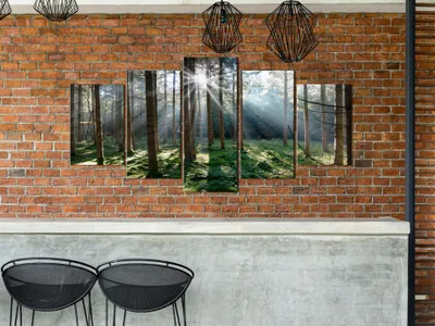 Image de Tableau acoustique Forêt Nature 200 x 100 cm Tableaux Mousse acoustique Absorbeur acoustique haute performance Isolation acoustique Toile 5 pièces Tableau mural Acoustique intérieure Isolation acoustique c-B-0091-b-n