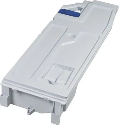 A white plastic water tank for a dryer, with a blue handle on top.