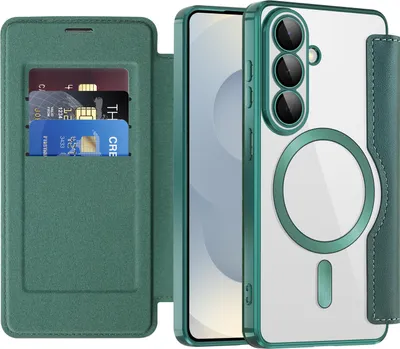 Obrázek produktu pro Pouzdro pro Samsung Galaxy S26 kompatibilní s MagSafe, průhledné pouzdro s držákem karet, kožené pouzdro s ochranou kamery zelené