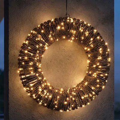 Obrázek produktu pro LED vánoční věnec z ratanu s blikajícím světlem pro venkovní použití, s časovačem - 38 cm - Vánoční věnec s 400 blikajícími LED diodami v teplé bílé barvě