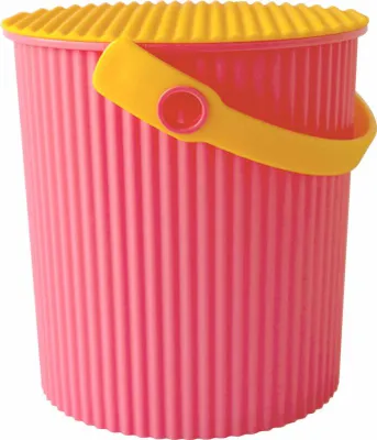 A pink bucket with a yellow lid and handle.