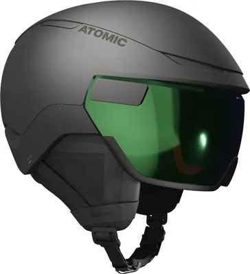 A black ski helmet with a green visor.