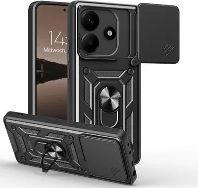 A black protective phone case with a sliding camera cover and a ring stand, shown from multiple angles.