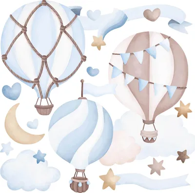 Immagine prodotto di Set di adesivi murali Muralo per bambini PALLONCINI blu Nuvole Stelle 120x60 cm Set di adesivi murali Stile boho