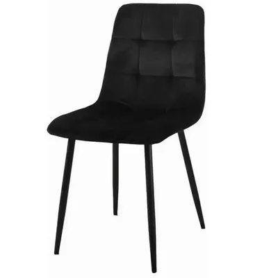 A black velvet dining chair with black metal legs is shown against a white background.