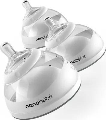 Three Nanobébé baby bottles are arranged in a cluster against a white background.