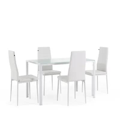Produktbild von Essset mit Tisch 120×70 cm aus Metall und gehärtetem Glas und 4 gepolsterten Stühlen aus Kunstleder – modernes, elegantes und pflegeleichtes Design – ETTORE + LIDIA – Weiß