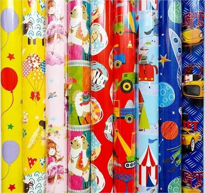 Productafbeelding van Cadeaupapier - Kindermotief - Verschillende Dessins - 200 cm X 70 cm - Mix assortiment - Vele Kleuren - Inpakpapier - 5 rollen