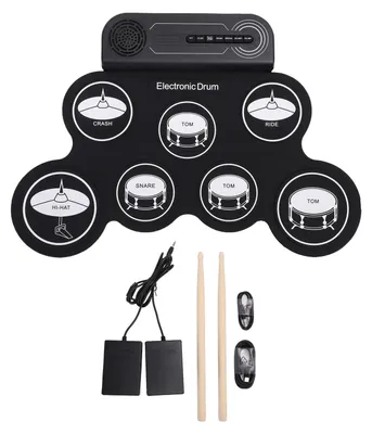 Image de Batterie électrique pour enfants, avec tapis d'entraînement et baguettes, portable, enroulable, avec haut-parleur intégré, motif blanc