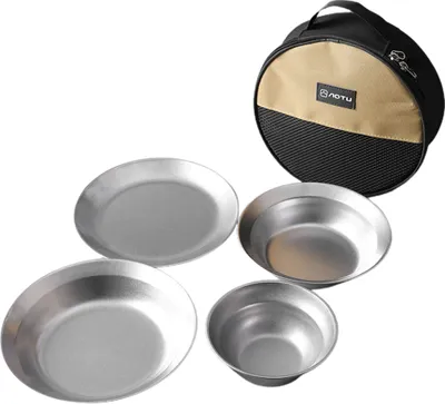 Produktbild von 4-teiliges Camping-Geschirr-Set, wiederverwendbare Edelstahl-Teller und Schuesseln fuer Outdoor-Camping, Wandern