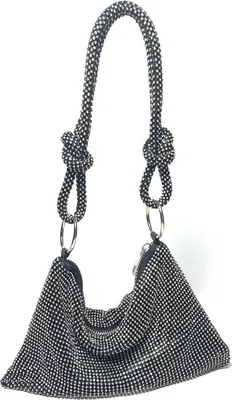 Image de (Noir) Porte-monnaie en strass pour femmes, sac à main de soirée chic et scintillant, sac à main Bling Hobo, porte-monnaie à cliquet argenté brillant pour fête, club, mariage