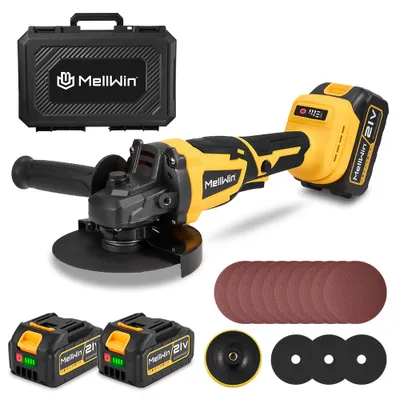 A cordless angle grinder set with accessories, batteries, and a carrying case, presented on a white background.