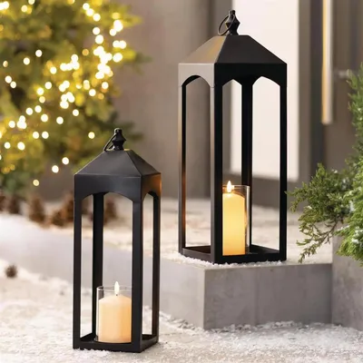 Produktbild von 2x Laterne "Black" aus Metall, schwarz, 46 & 59 cm groß, Windlicht-Glas, Kerzenständer, Kerzenhalter, Gartenlaterne