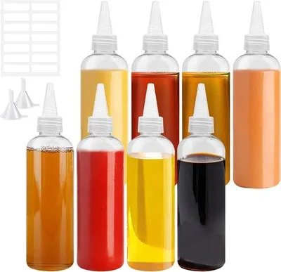 Produktbild von Set aus 8 leere Squeeze-Flaschen 200ml - Ideal für Saucen, Farben und Flüssigkeiten mit Schlauch und Etiketten