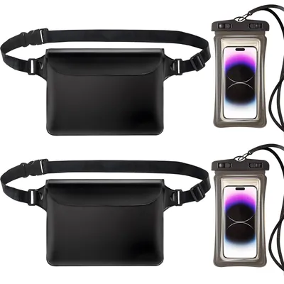 Produktbild von 2 Stück wasserdichte Tasche + 2 Stück wasserdichte Handyhülle wasserdichte Bauchtasche mit Einstellbarem Band für Wassersport, Schwimmen, Strand, Bootsfahrten(Schwarz)
