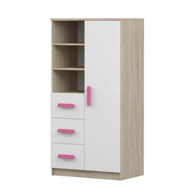 Produktbild von Kinder-Bücherregal Jonas 05 – 80 cm, Sonoma/Weiß mit Rosa Griffen, 3 Schubladen & 1 Tür