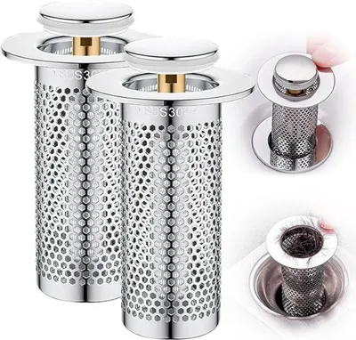 Produktbild von 2er Set Ablaufstopfen, Waschbecken Stöpsel mit Haarfilter, Edelstahl 33–55 mm