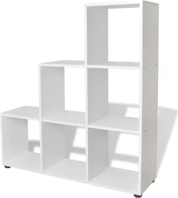 A white, multi-compartment shelving unit designed in a stair-step configuration, presented against a plain white background.