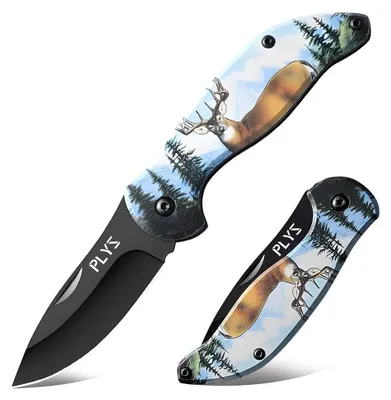 Produktbild von Klappmesser mit Rentiermuster Schwarze Klinge Edelstahl Beidhändig Tragbar