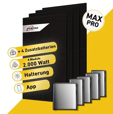 Produktbild von Balkonstrom Balkonkraftwerk 2000W Solaranlage mit Speicher | 4xZusatzspeicher | Bitumendachhalterung | 4xSolarmodul | SunEnergyXT 500 Pro