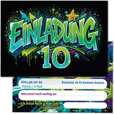 Produktbild von Einladungskarten zum 10. Geburtstag im Graffiti-Design – Set mit 12 Stück – Geburtstagseinladungen für Kinder zum 10. Geburtstag