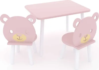 Produktbild von DEKORMANDA – Kindertisch mit Stühlen – Möbel für ein Kinderzimmer – Stühle in Teddybärform für kleine Tierliebhaber – rosafarbener Kindertisch 65 x 50 cm mit 2 Stühlen – ein Set aus Tisch und zwei Stühlen für Kinder, perfekt zum Lernen und Spielen