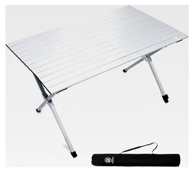 Produktbild von Klappbarer Campingtisch aus Aluminium, belastbar bis 100KG, mit aufrollbarer Tischplatte für 4-6 Personen, inkl. Tragetasche für Camping, Picknick, Garten und Balkon, Silber