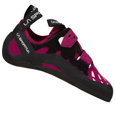 Klett-Kletterschuh "Tarantula Woman" von La Sportiva in Schwarz und Pink; seitliche Ansicht.