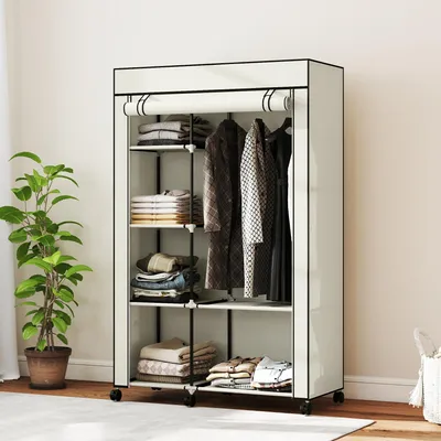 Image de Armoire à vêtements avec 6 étagères, revêtement en non-tissé, blanc crème, 1 tringle | 103 x 43 x 162,5 cm | Structure en acier | 2,6 kg