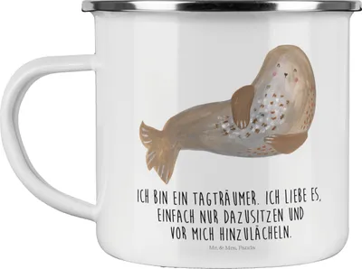 Produktbild von Mr. & Mrs. Panda Teetasse Robbe Lachen - Weiß - Geschenk, Meerestier, Ostsee, Teebecher, Emaille Tasse, Pott, Strand, Nordsee, becher, Seehund, Haferl, Lustige Sprüche