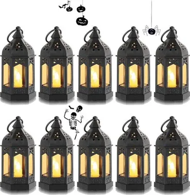Produktbild von Set aus 10 Mini-Laternen mit LED-Lichtern für Außen-Tafeldekoration - Schwarz, für Ramadan, Weihnachten, Hochzeit, Balkon.