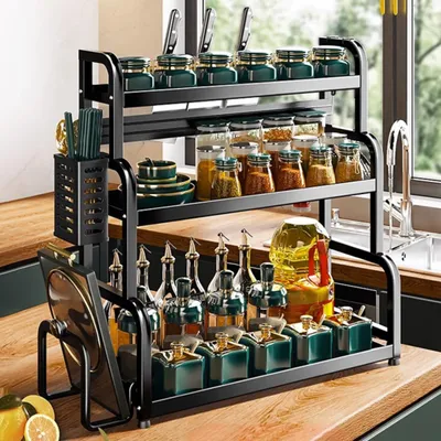 Produktbild von Gewürzregale, Küchenregal, 3 Etagen Gewürzregal, Gewürzständer, Küchenarbeitsplatte Organizer, Gewürz Organizer, 50x21.5x57.5cm, mit 4 Haken