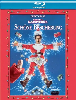 A man dressed as Santa Claus is covered in Christmas lights and surrounded by presents, with lightning effects in the background.