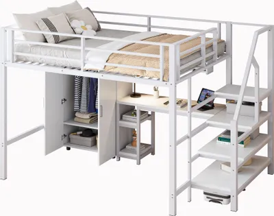 Produktbild von Merax Etagenbett Hochbett 140x200 cm, Kinderbett mit Schreibtisch, Kleiderschrank, Ablageleiter, Regal, Metall Jugendbett, Stockbett, Weiß