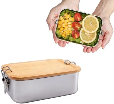 Zdjęcie produktu dla Pudełko na lunch RVS z drewnianą pokrywką, 850 ml, dla dorosłych i dzieci, metalowe pudełko do szkoły i na wycieczki