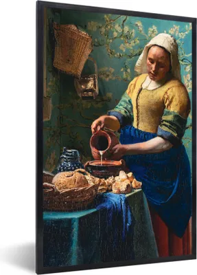 Produktbild von MuchoWow® Gerahmtes Poster Milchmädchen - Mandelblüte - Van Gogh - Vermeer - Gemälde - Alte Meister 20x30 cm - Poster mit Schwarzem Bilderrahmen Wandposter Rahmen Foto Bilder - Drucken - Bilder Poster im Rahmen