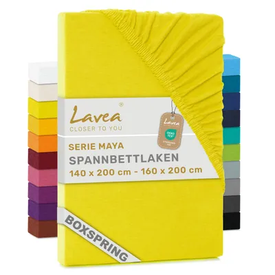 Zdjęcie produktu dla Prześcieradło z gumką Lavea® Jersey 140-160 x 200 cm – 35 cm brzeg dla łóżek kontynentalnych – słoneczny żółty, miękkie i oddychające – idealne do łóżek kontynentalnych