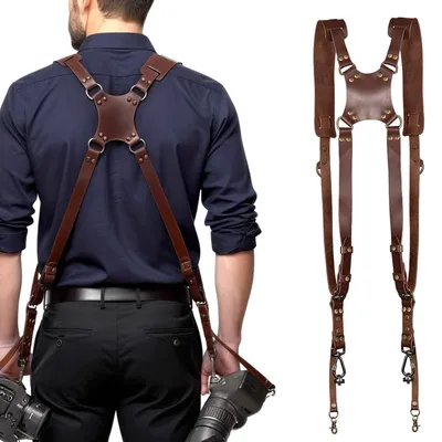 Image de Bandoulière pour appareil photo - Cuir - Double bandoulière - Marron - Pour deux appareils